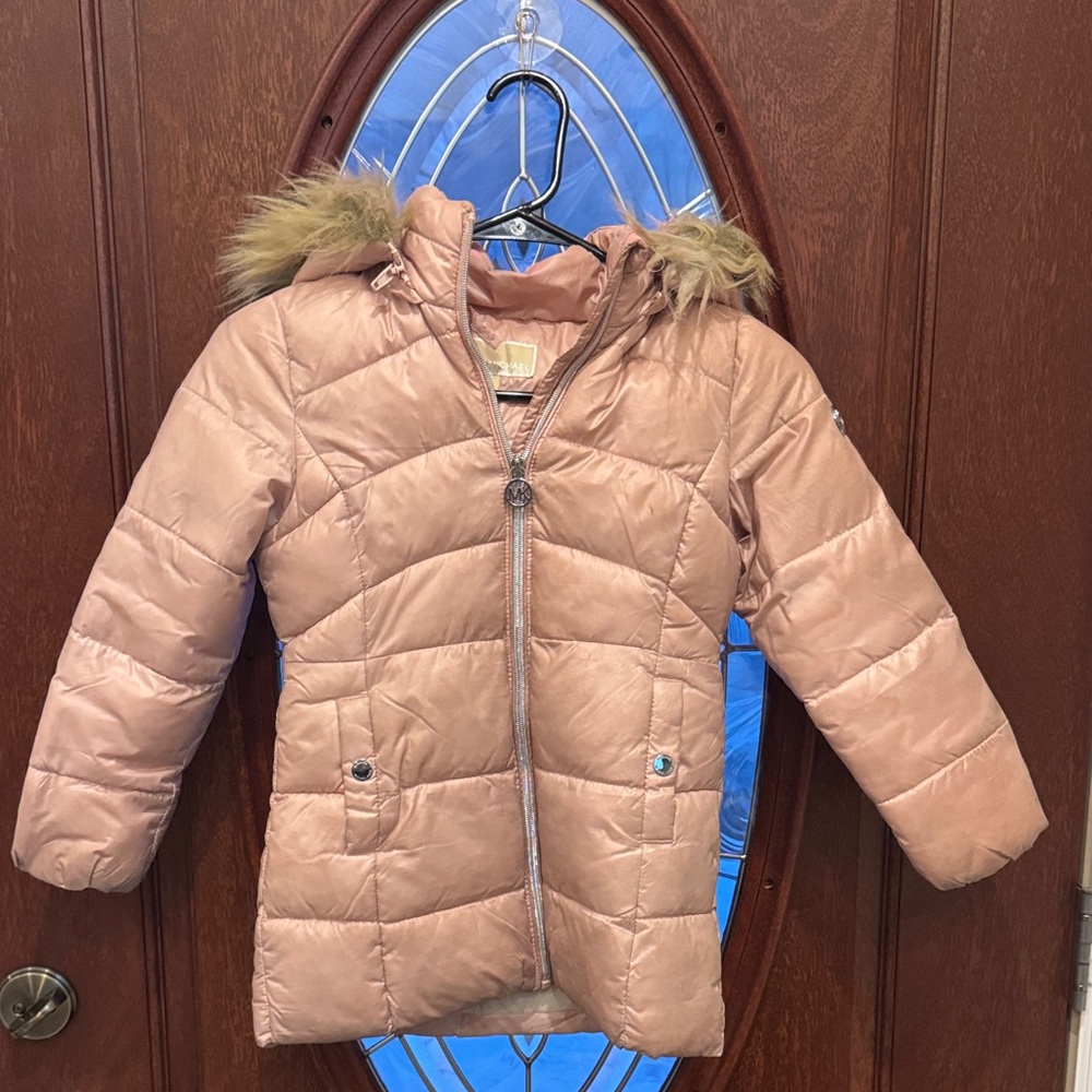 MK Pink Puffer Jacket with Faux Fur Hood
